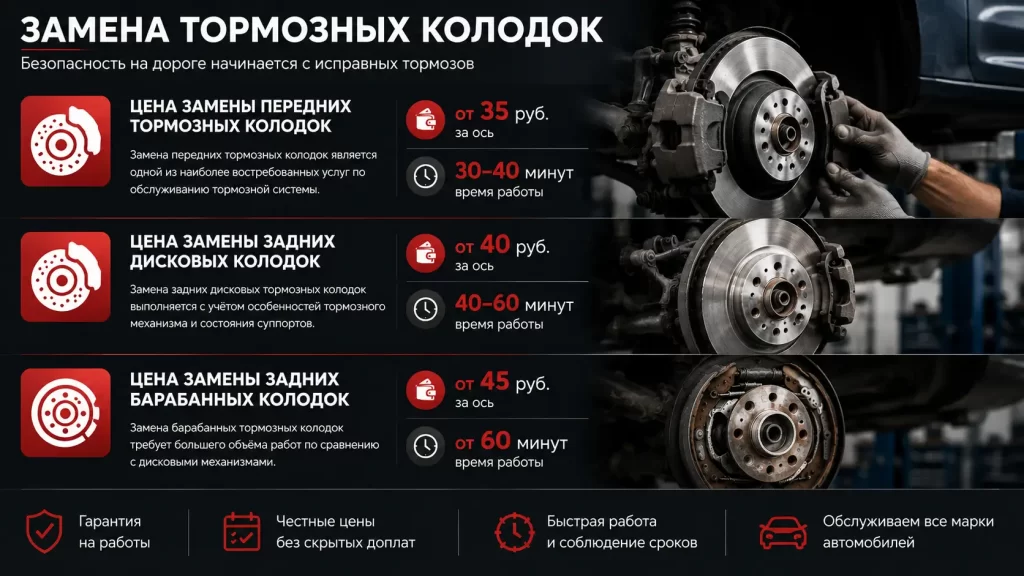 Стоимость замены передних, задних дисковых и барабанных тормозных колодок в Минске на СТО МПД ТехСервис