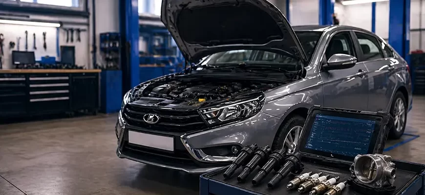 Диагностика двигателя Lada Vesta в автосервисе — проверка свечей, катушек и системы впуска при плавающих оборотах и потере тяги