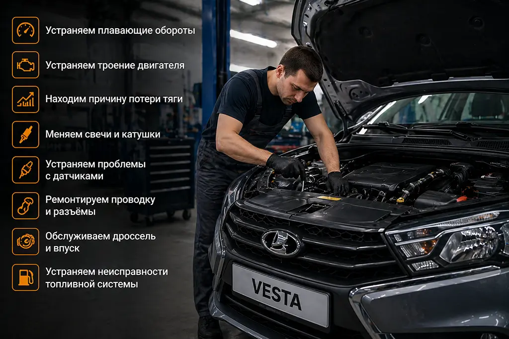 Устранение неисправностей двигателя Lada Vesta в автосервисе — ремонт системы зажигания, датчиков и топливной системы