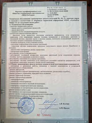 Приложение 1 к сертификату соответствия — перечень услуг